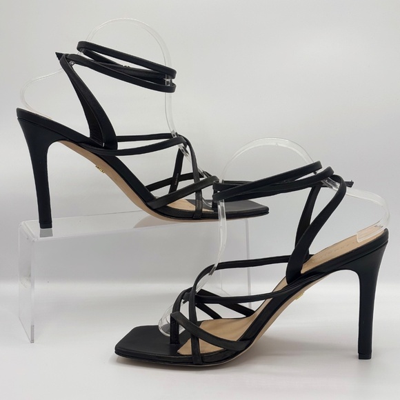 Veronica Beard Abriella Black Leather Strappy Sandals Ankle Wrap Square Toe 10 M - Picture 4 of 16